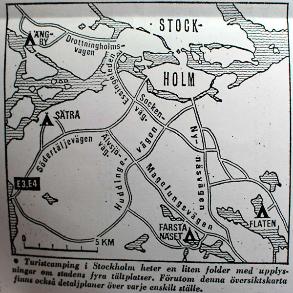 Karta för turistcamping i Stockholm som visar Farstanäsets camping, 1975.