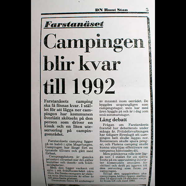DN 1988. Campingen på Farstanäset blir kvar till 1992