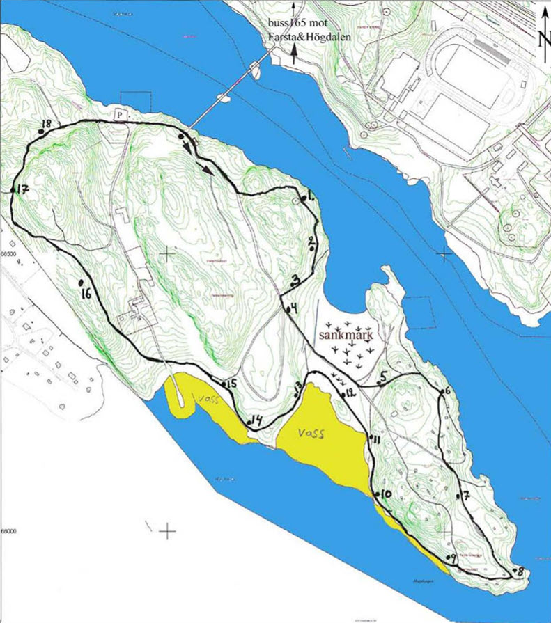 Karta över Farstanäsets naturstig med numrerade stationer 1–18 längs den 3,3 km långa leden.
